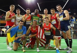 "PORTLAND, OR - MARCH 19: (Front row L-R) Silver medallist Oleksiy Kasyanov of Ukraine, gold medallist Ashton Eaton of the United States and bronze medallist Mathias Brugger of Germany pose with the Heptathlon athletes during day three of the IAAF World Indoor Championships at Oregon Convention Center on March 19, 2016 in Portland, Oregon. (Photo by Ian Walton/Getty Images for IAAF)"
